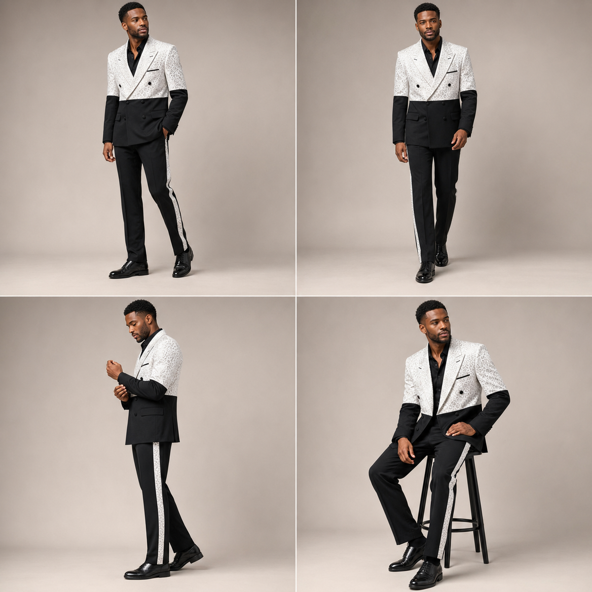 Men’s Black and Ivory Leopard Jacquard Three-Piece Suit