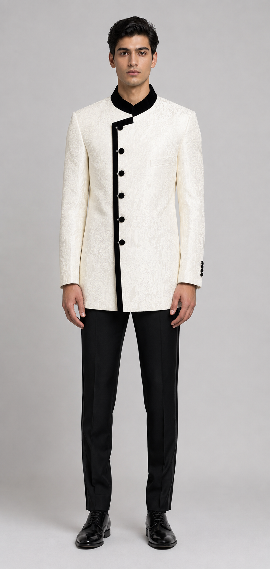 Costume deux pièces ivoire brodé à col mao pour homme