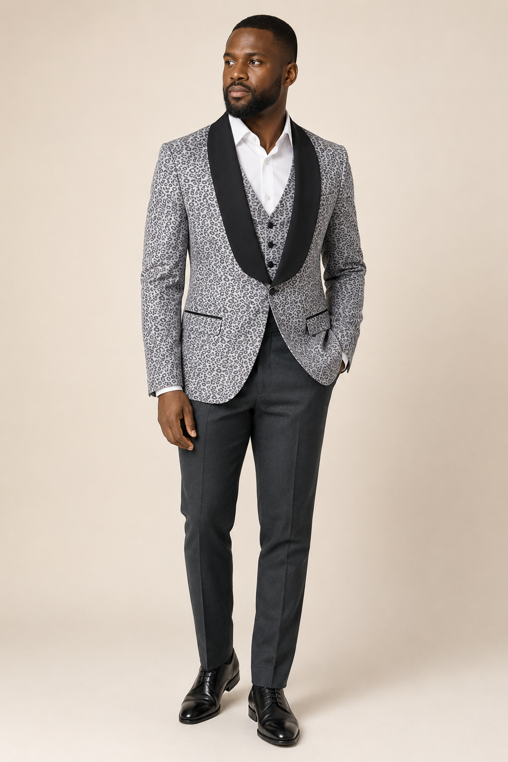 Men’s Grey Leopard Print Three-Piece Suit