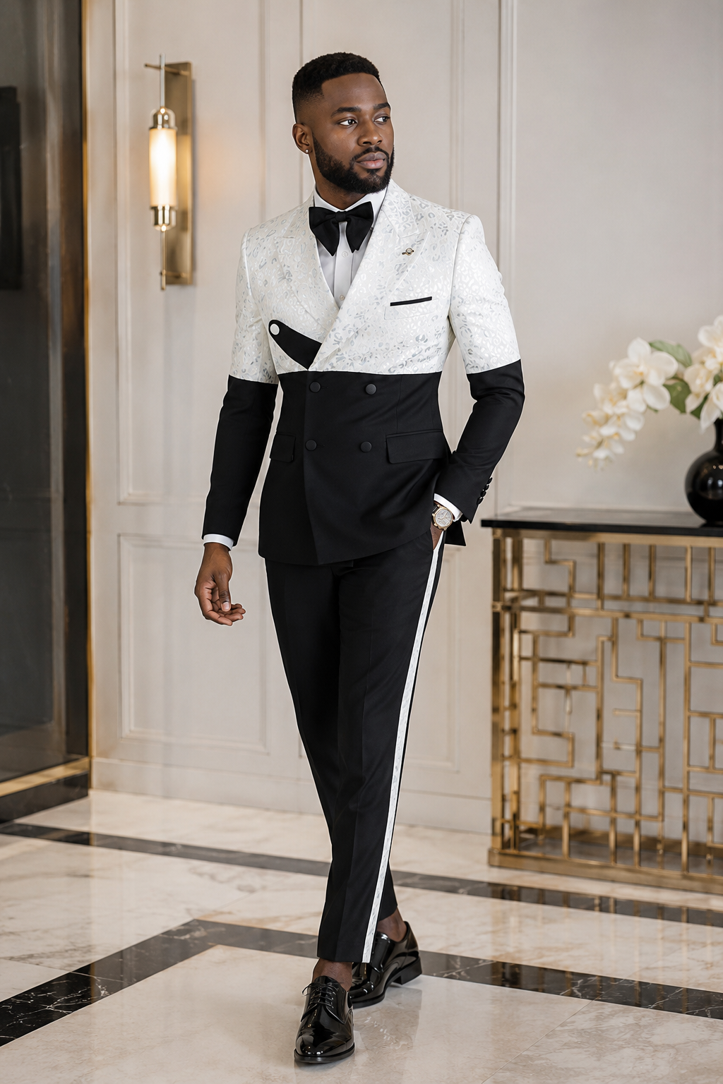 Elegant Two-Tone Double-Breasted Suit – Black & White Pattern