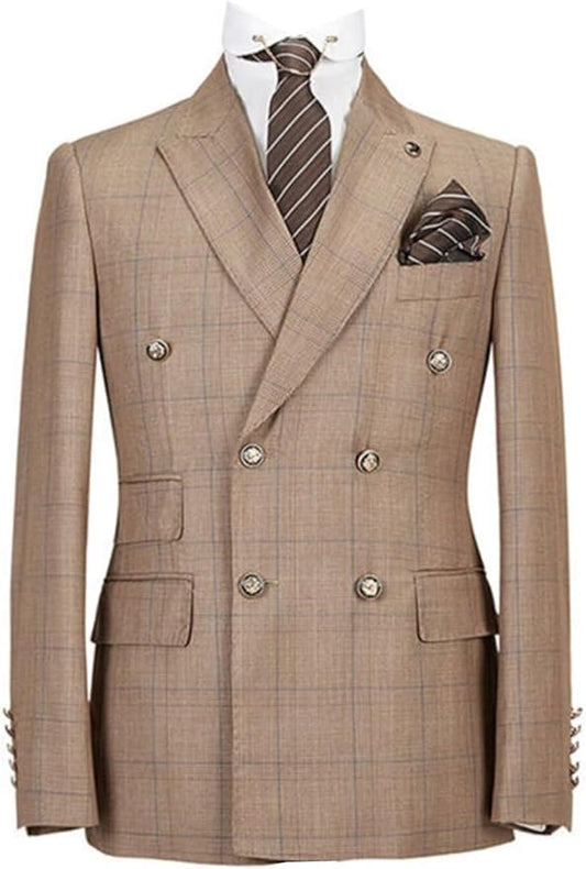 Brown Double-Breasted Check Sui