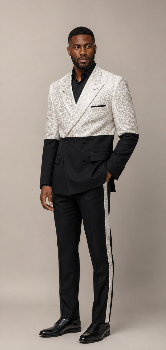 Men’s Black and Ivory Leopard Jacquard Three-Piece Suit