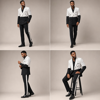 Men’s Black and Ivory Leopard Jacquard Three-Piece Suit