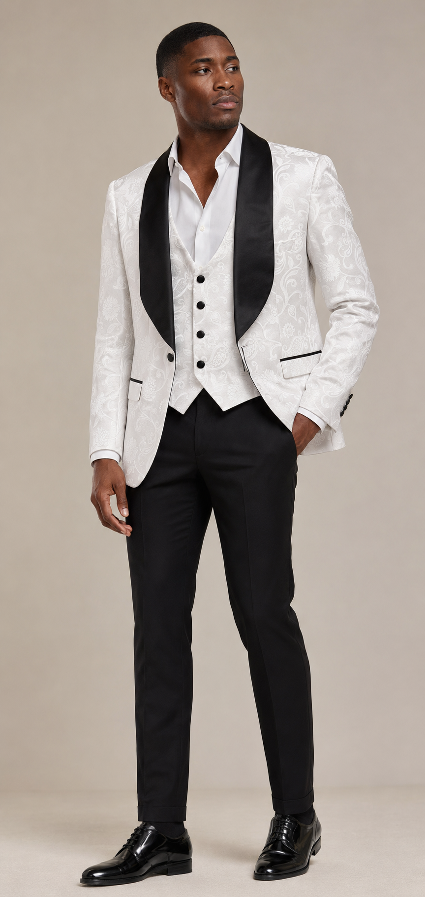 Men’s White Floral Jacquard Three-Piece Tuxedo Suit with Black Pants