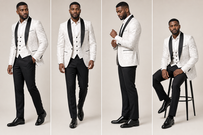 Men’s White Floral Jacquard Three-Piece Tuxedo Suit with Black Pants