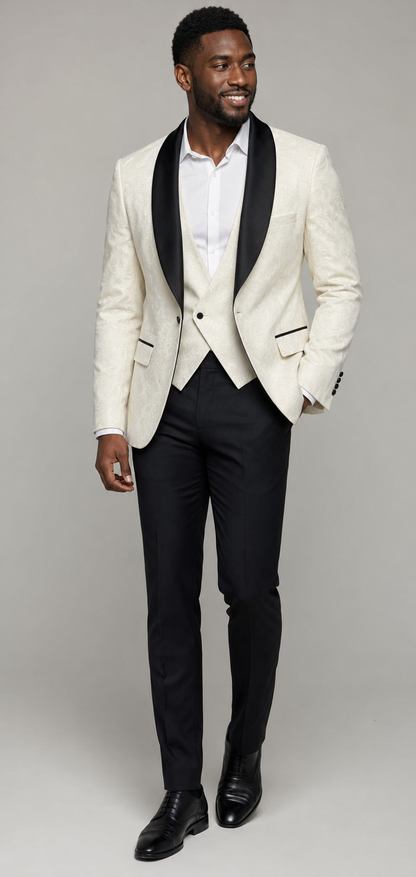 Men’s Ivory Floral Jacquard Three-Piece Tuxedo Suit
