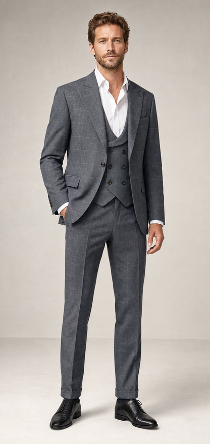 Men’s Grey Windowpane Three-Piece Suit