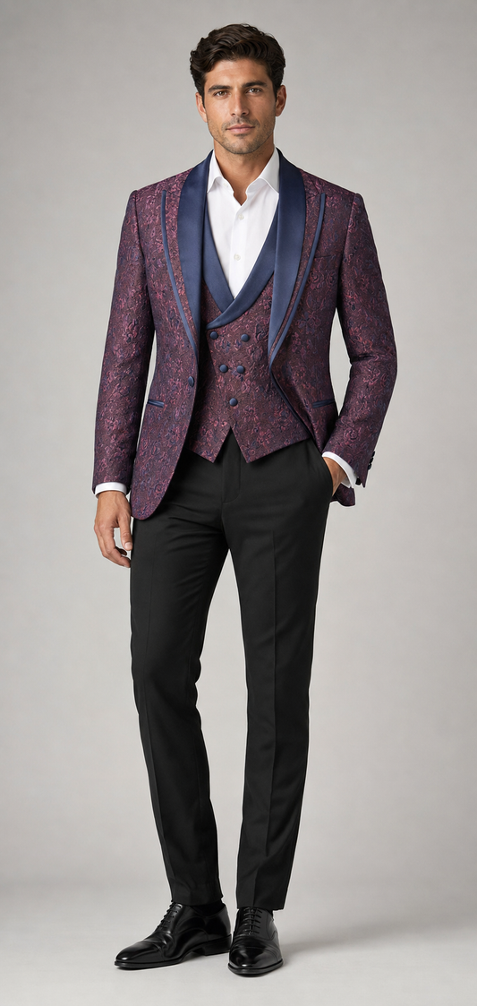 Men’s Burgundy Paisley Three-Piece Tuxedo Suit