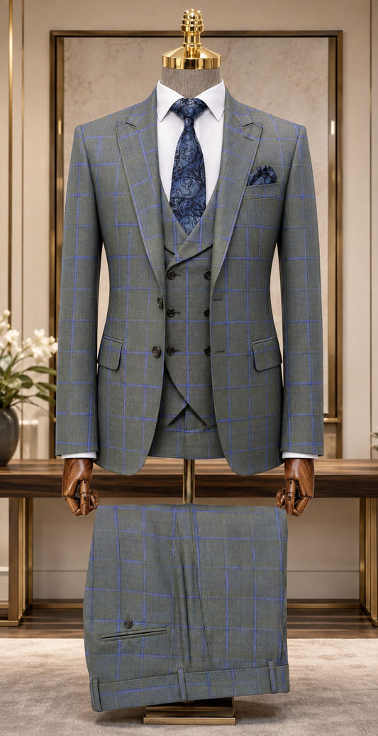 Men’s Grey and Blue Check Three-Piece Suit