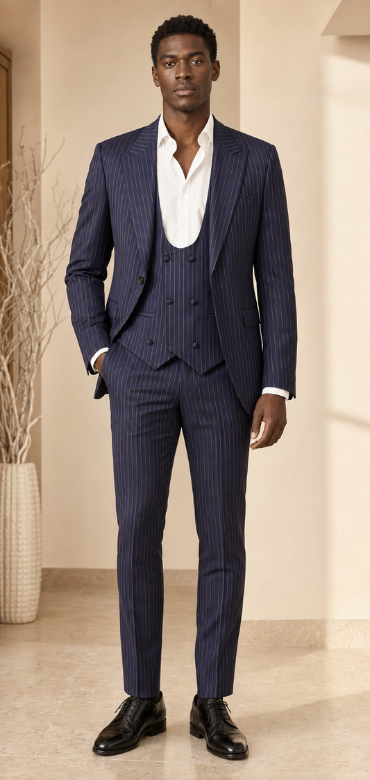 Men’s Navy Blue Pinstripe Three-Piece Suit