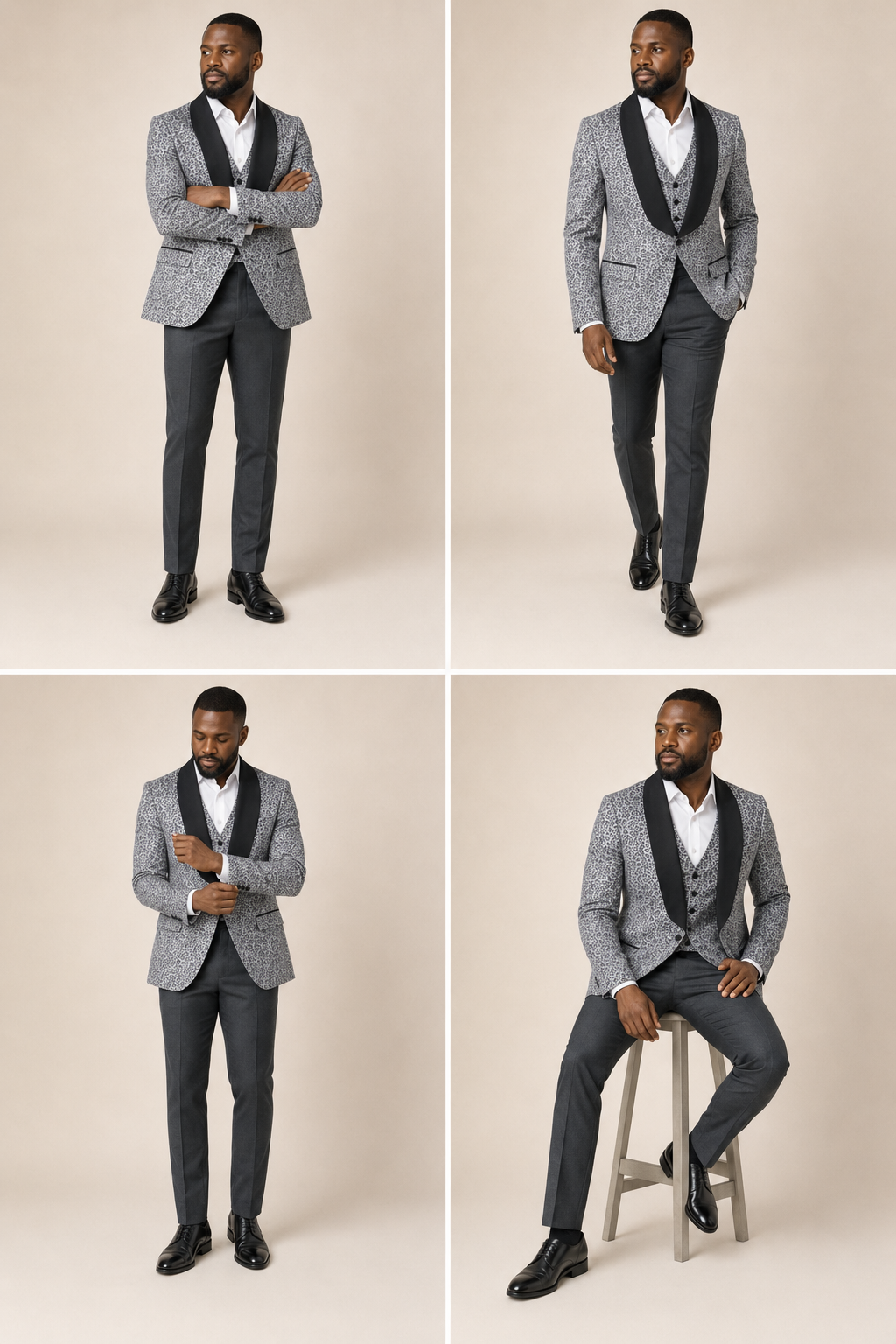 Men’s Grey Leopard Print Three-Piece Suit