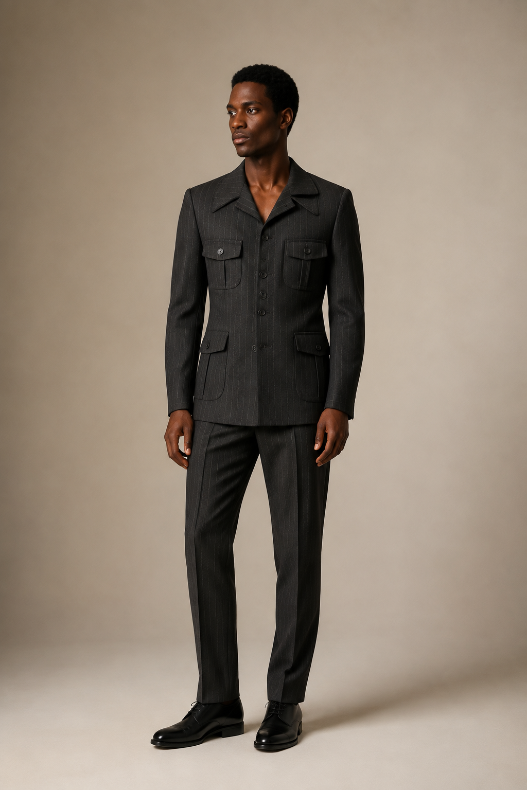 Suit Black Pinstripe Safari Two-Piece Suit