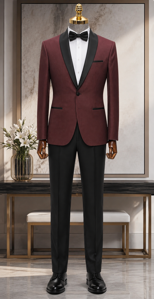 Men’s Burgundy and Black Two-Piece Tuxedo Suit