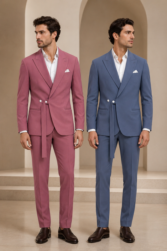 Men’s Belted Two-Piece Suit – Pink & Blue