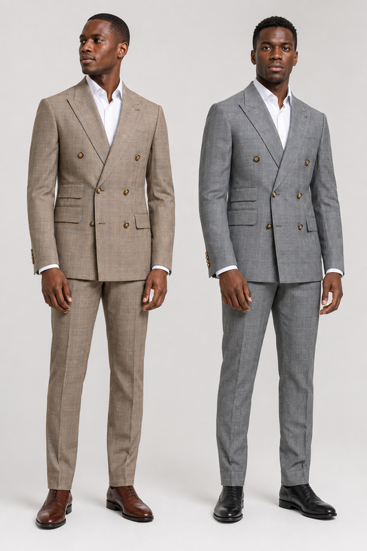 Men’s Beige and Grey Plaid Double-Breasted Two-Piece Suit
