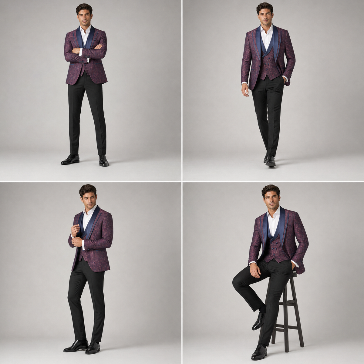 Men’s Burgundy Paisley Three-Piece Tuxedo Suit