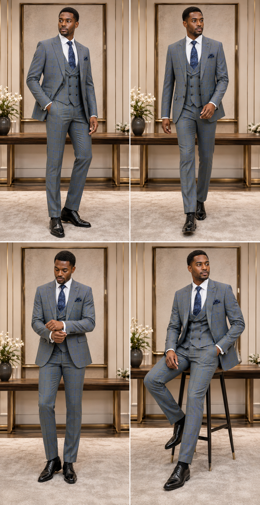 Men’s Grey and Blue Check Three-Piece Suit