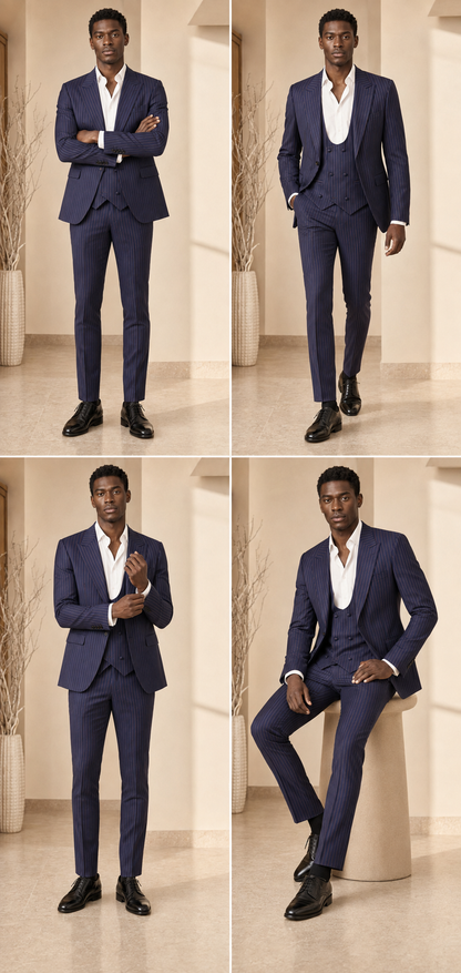 Men’s Navy Blue Pinstripe Three-Piece Suit