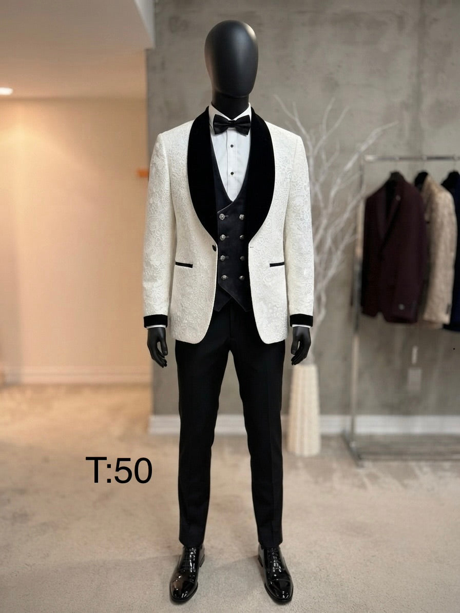 Men’s Ivory Floral Jacquard Three-Piece Tuxedo Suit