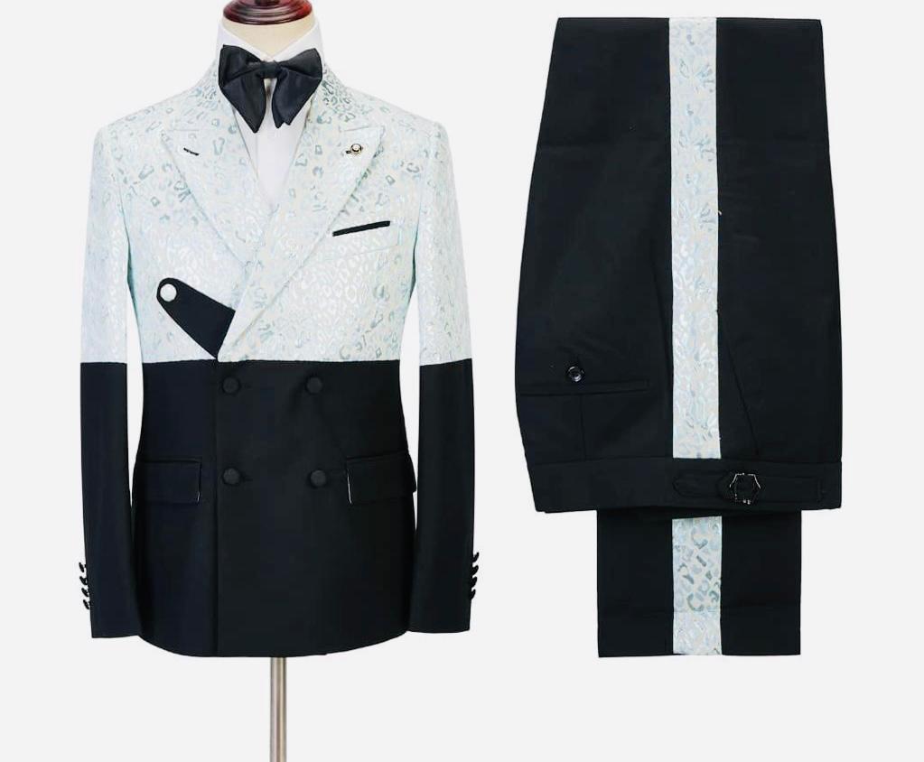 Elegant Two-Tone Double-Breasted Suit – Black & White Pattern