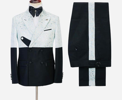 Elegant Two-Tone Double-Breasted Suit – Black & White Pattern