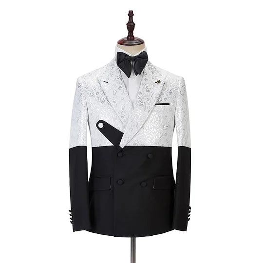 Elegant Two-Tone Double-Breasted Suit – Black & White Pattern