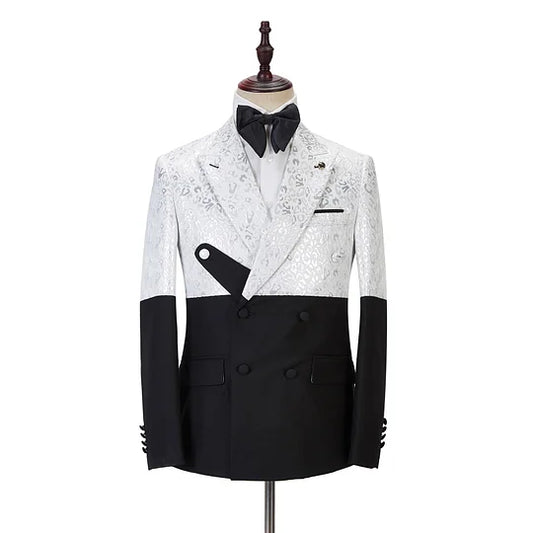 Elegant Two-Tone Double-Breasted Suit – Black & White Pattern